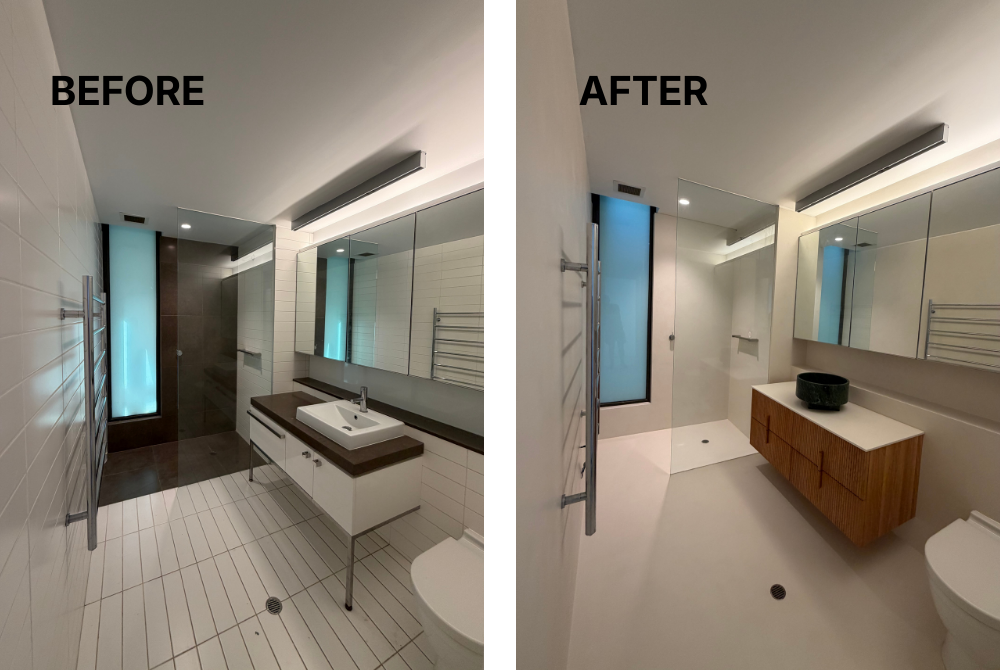 Microcement flooring installed over existing tiles after substrate preparation